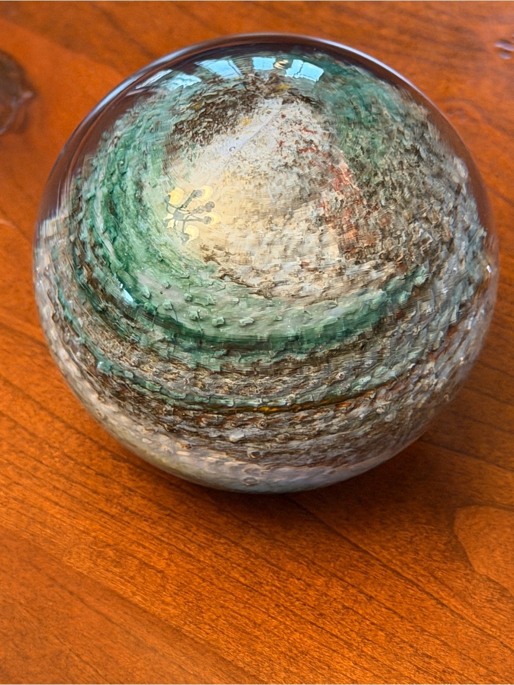F /C Poland Glass Art Sphere in Green and White